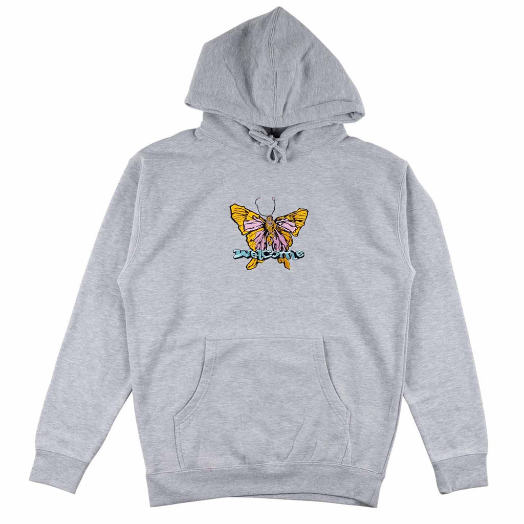 WELCOME BUTTERFLY EMBROIDERED PULLOVER HOODIE HEATHER GRAY